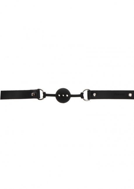 Svart gagball med justerbart band. Högkvalitativa material. Veganskt PU-läder. silikon. Nickelfri metall. Enkel att använda.