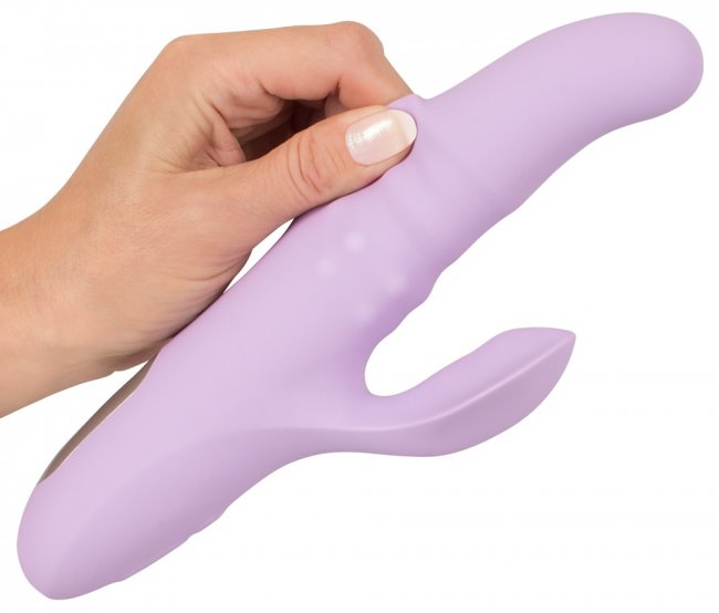 Uppladdningsbar rabbit med två separat styrda vibratorer. Roterande kulor. Thrusting funktion. Högkvalitativ och flexibel siliko