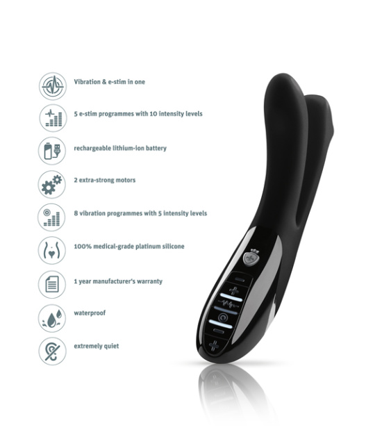 Uppladdningsbar e-stim vibrator tillverkad av högkvalitativ silikon. Helt vattentät. 2 superstarka motorer. Många funktioner.