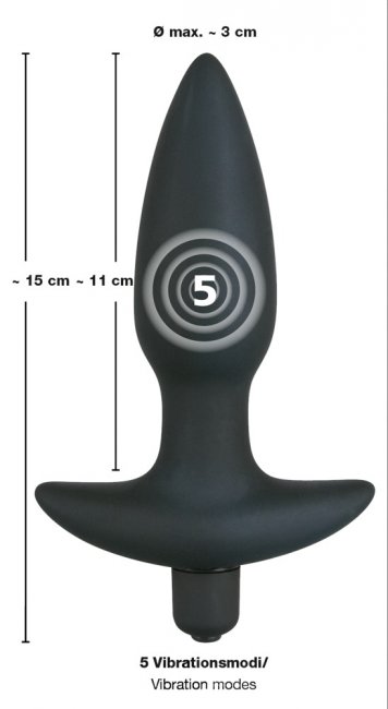 Svart batteridriven analplugg med 5 olika vibrationer. Tillverkad av supermjuk silikon. Enkel och bekväm att använda.