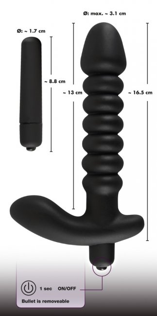Vibrerande analplugg tillverkad av högkvalitativ silikon. Räfflar yta och en bred bas som stimulerar klitoris och perineum.