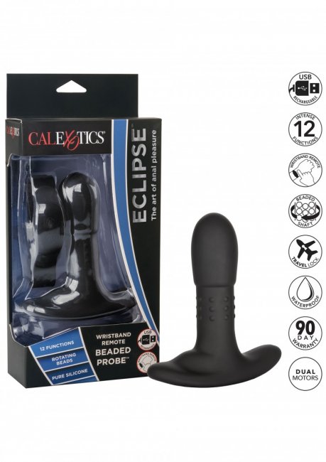 Svart analplugg tillverkad av silikon. Helt vattentät vibrator utrustad med 12 intensiva funktioner. Uppladdningsbar och skön