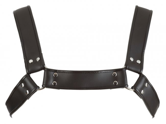 Svart harness över bröstet. Justerbara band och storlek. Bekväm passform. Högkvalitativa och slitstarka material. Enkel.