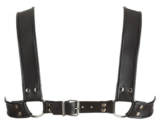 Svart harness över bröstet. Justerbara band och storlek. Bekväm passform. Högkvalitativa och slitstarka material. Enkel.